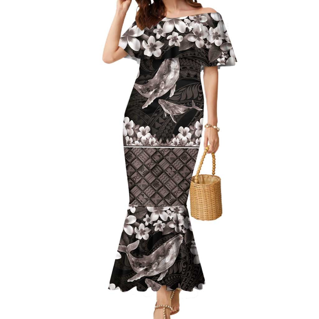 Hawaiian Plumeria and Humpback Whales Mermaid Dress Polynerian Art Tattoo-Grayscale Mode LT03 Women Black - Polynesian Pride