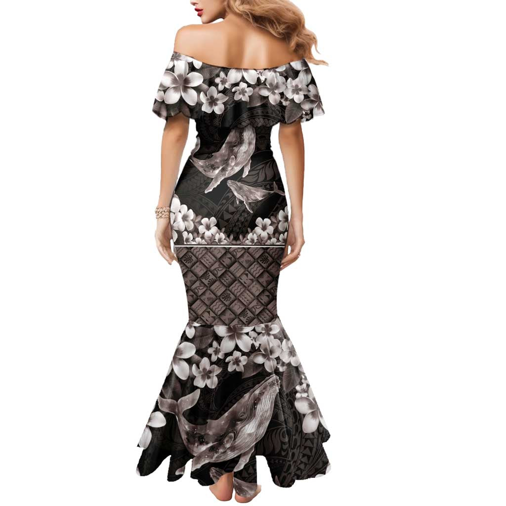 Hawaiian Plumeria and Humpback Whales Mermaid Dress Polynerian Art Tattoo-Grayscale Mode LT03 - Polynesian Pride