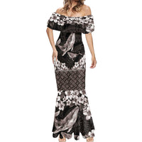 Hawaiian Plumeria and Humpback Whales Mermaid Dress Polynerian Art Tattoo-Grayscale Mode LT03 - Polynesian Pride