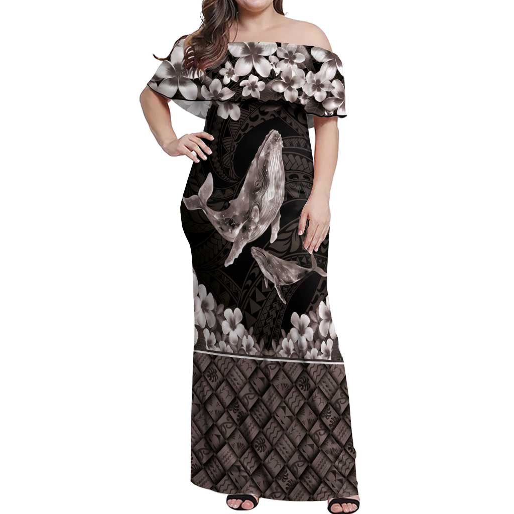 Hawaiian Plumeria and Humpback Whales Off Shoulder Maxi Dress Polynerian Art Tattoo-Grayscale Mode