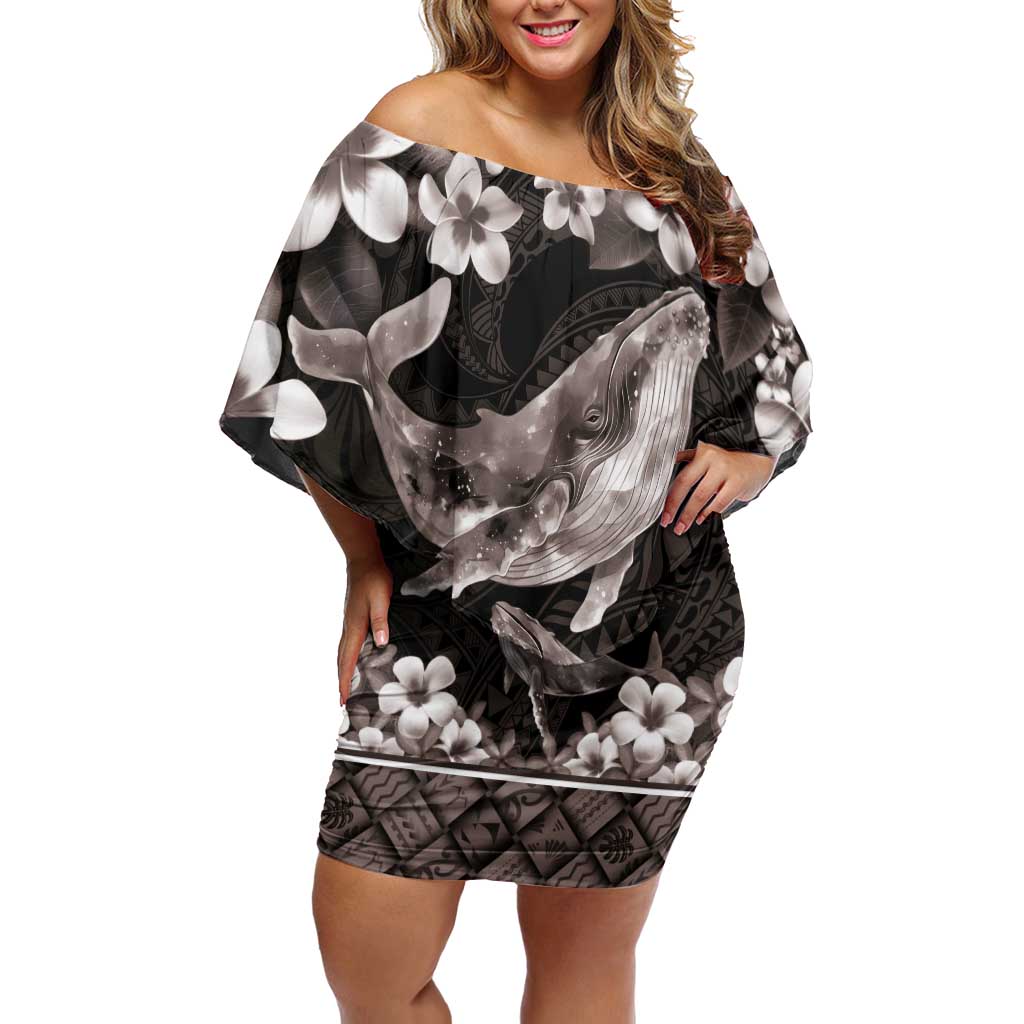 Hawaiian Plumeria and Humpback Whales Off Shoulder Short Dress Polynerian Art Tattoo-Grayscale Mode