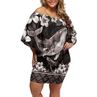 Hawaiian Plumeria and Humpback Whales Off Shoulder Short Dress Polynerian Art Tattoo-Grayscale Mode LT03 Women Black - Polynesian Pride