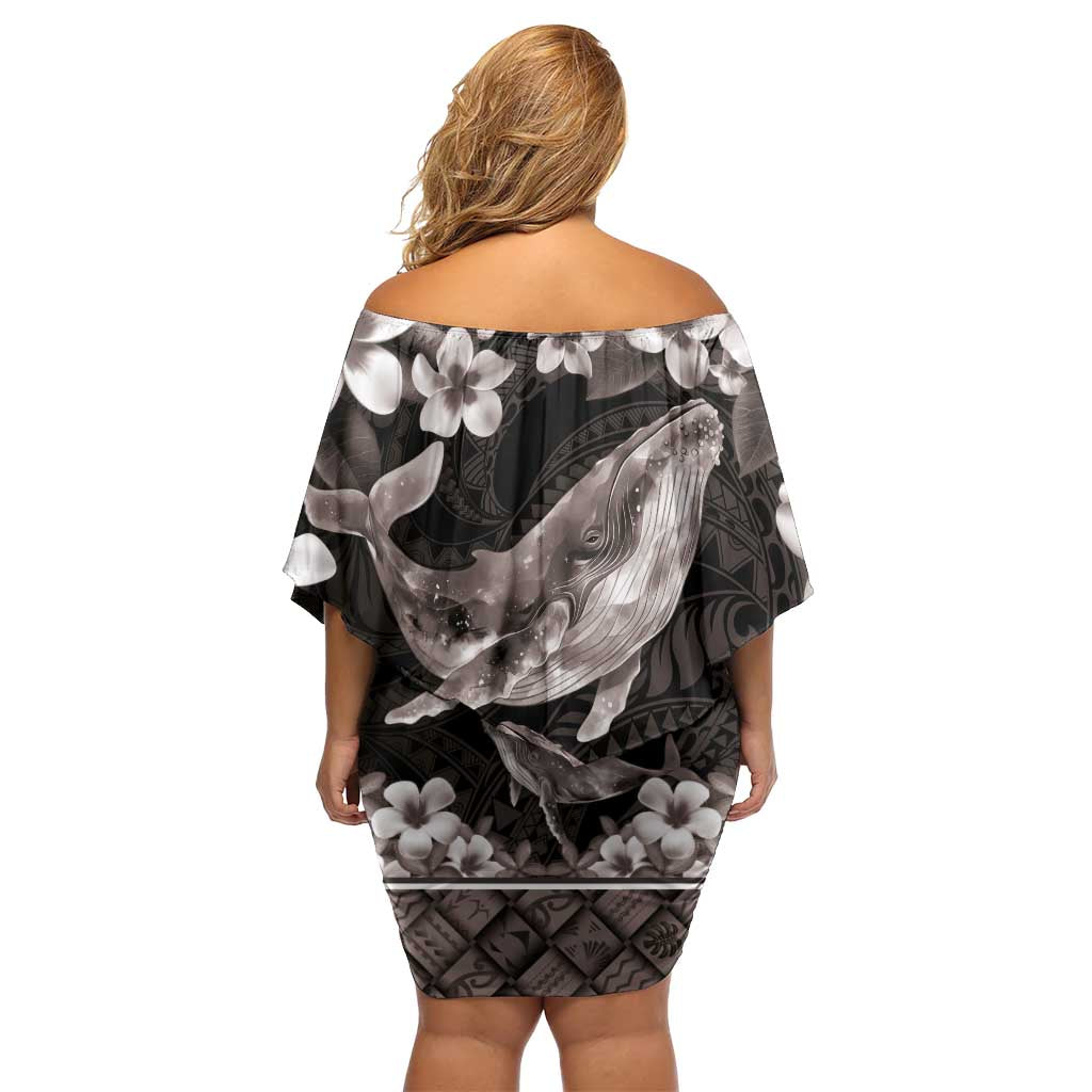 Hawaiian Plumeria and Humpback Whales Off Shoulder Short Dress Polynerian Art Tattoo-Grayscale Mode LT03 - Polynesian Pride