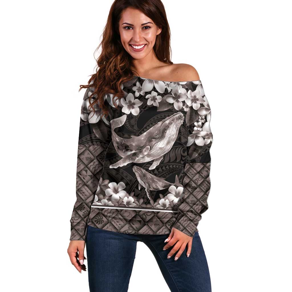 Hawaiian Plumeria and Humpback Whales Off Shoulder Sweater Polynerian Art Tattoo-Grayscale Mode