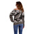 Hawaiian Plumeria and Humpback Whales Off Shoulder Sweater Polynerian Art Tattoo-Grayscale Mode