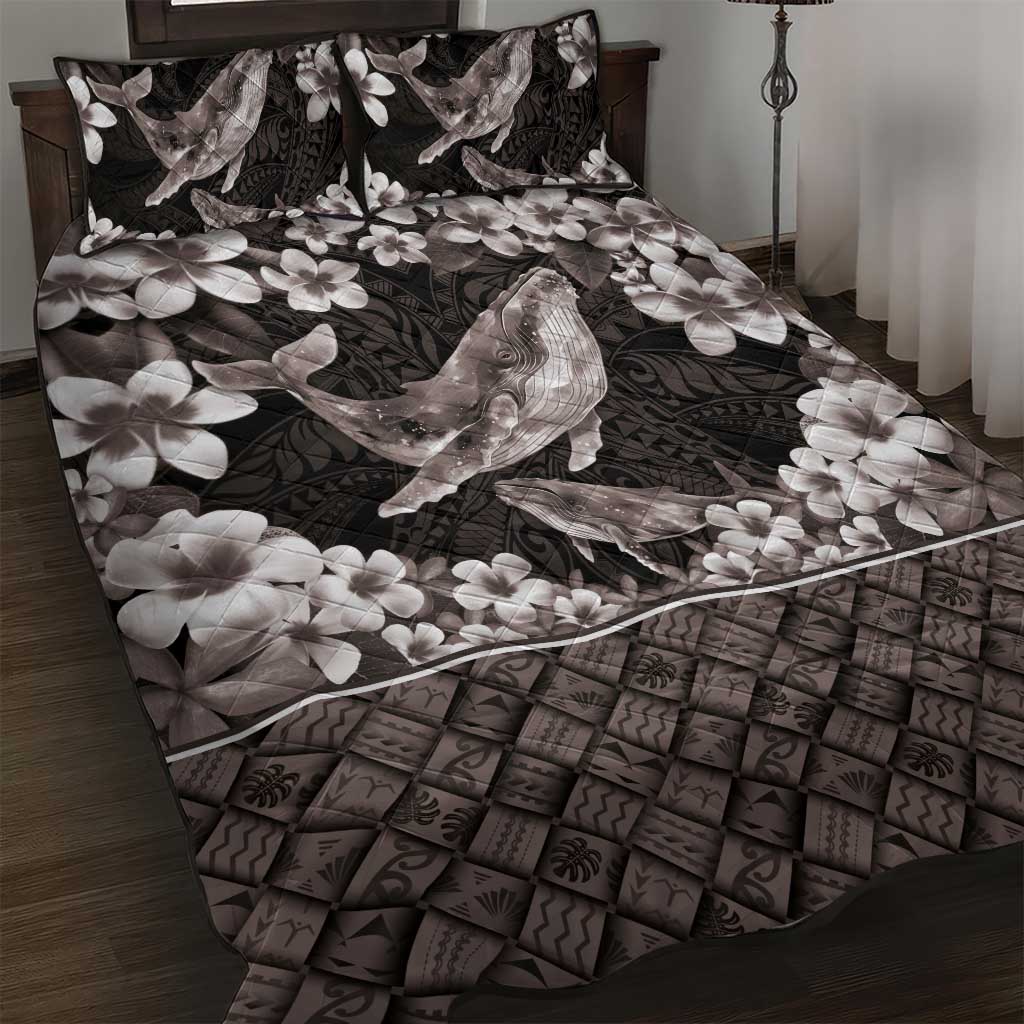 Hawaiian Plumeria and Humpback Whales Quilt Bed Set Polynerian Art Tattoo-Grayscale Mode LT03 Black - Polynesian Pride