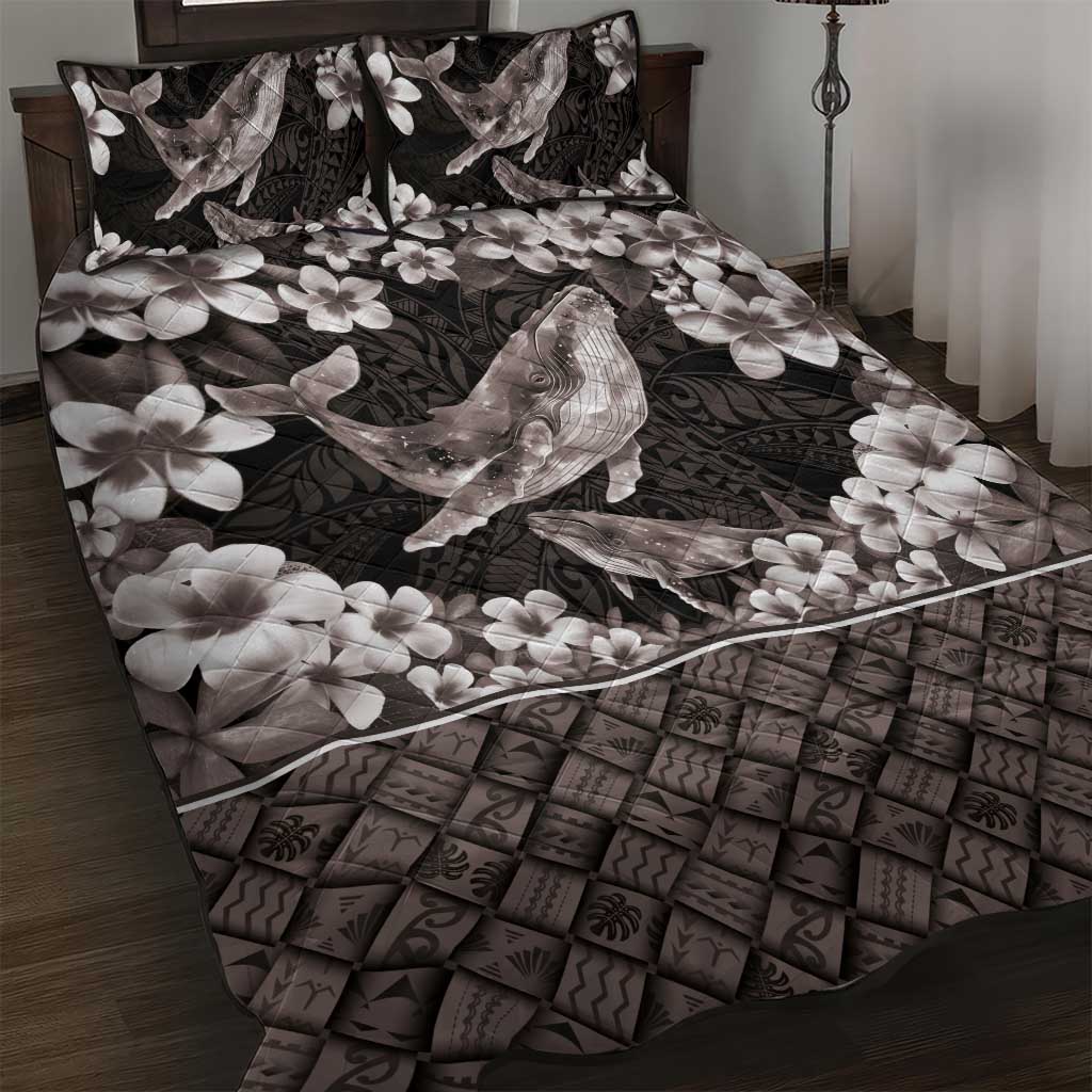 Hawaiian Plumeria and Humpback Whales Quilt Bed Set Polynerian Art Tattoo-Grayscale Mode