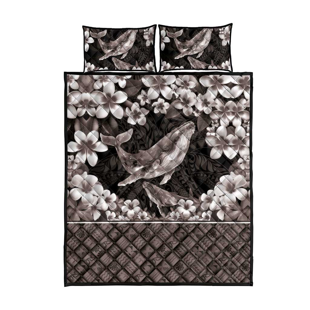 Hawaiian Plumeria and Humpback Whales Quilt Bed Set Polynerian Art Tattoo-Grayscale Mode LT03 - Polynesian Pride