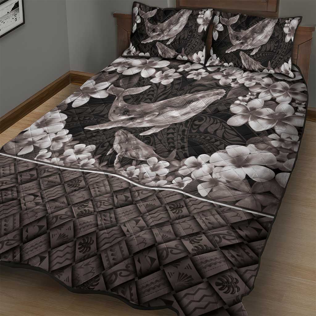 Hawaiian Plumeria and Humpback Whales Quilt Bed Set Polynerian Art Tattoo-Grayscale Mode LT03 - Polynesian Pride