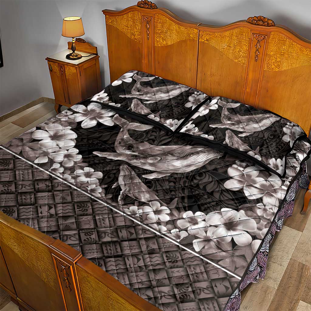 Hawaiian Plumeria and Humpback Whales Quilt Bed Set Polynerian Art Tattoo-Grayscale Mode LT03 - Polynesian Pride