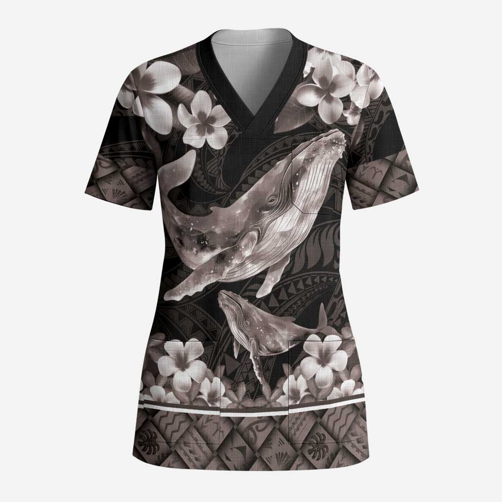 Hawaiian Plumeria and Humpback Whales Scrub Top Polynerian Art Tattoo-Grayscale Mode LT03 Adult Black - Polynesian Pride