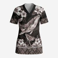 Hawaiian Plumeria and Humpback Whales Scrub Top Polynerian Art Tattoo-Grayscale Mode LT03 Adult Black - Polynesian Pride