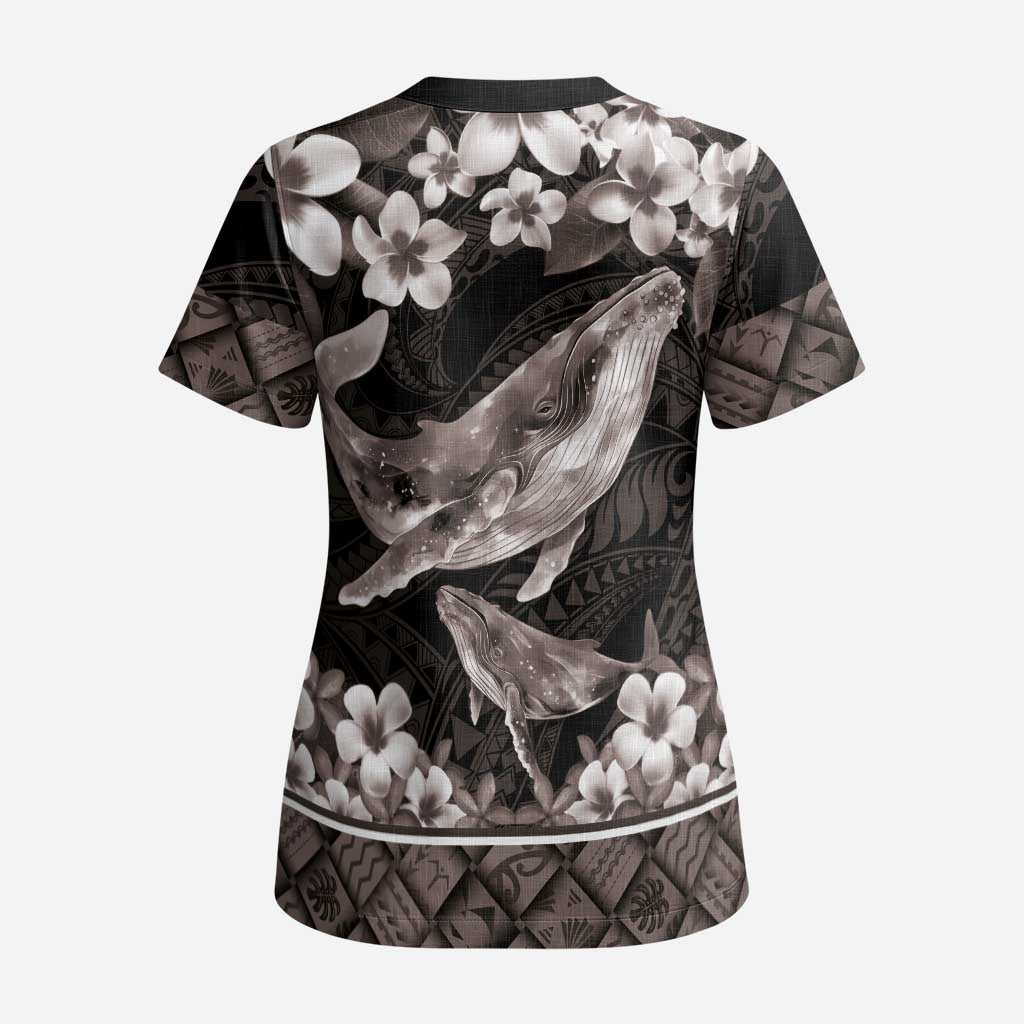 Hawaiian Plumeria and Humpback Whales Scrub Top Polynerian Art Tattoo-Grayscale Mode LT03 - Polynesian Pride
