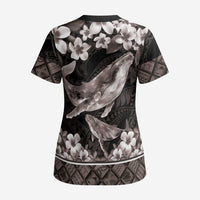 Hawaiian Plumeria and Humpback Whales Scrub Top Polynerian Art Tattoo-Grayscale Mode LT03 - Polynesian Pride