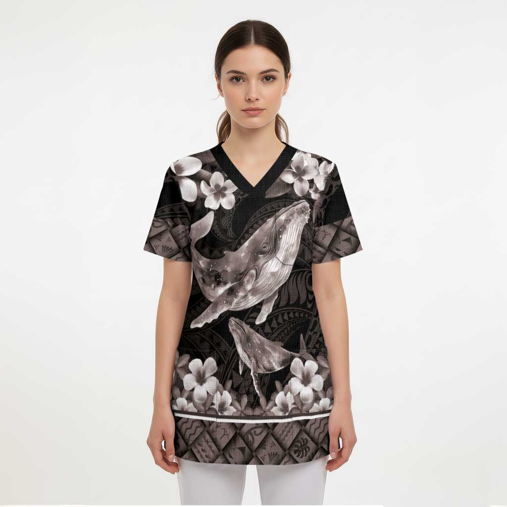 Hawaiian Plumeria and Humpback Whales Scrub Top Polynerian Art Tattoo-Grayscale Mode LT03 - Polynesian Pride