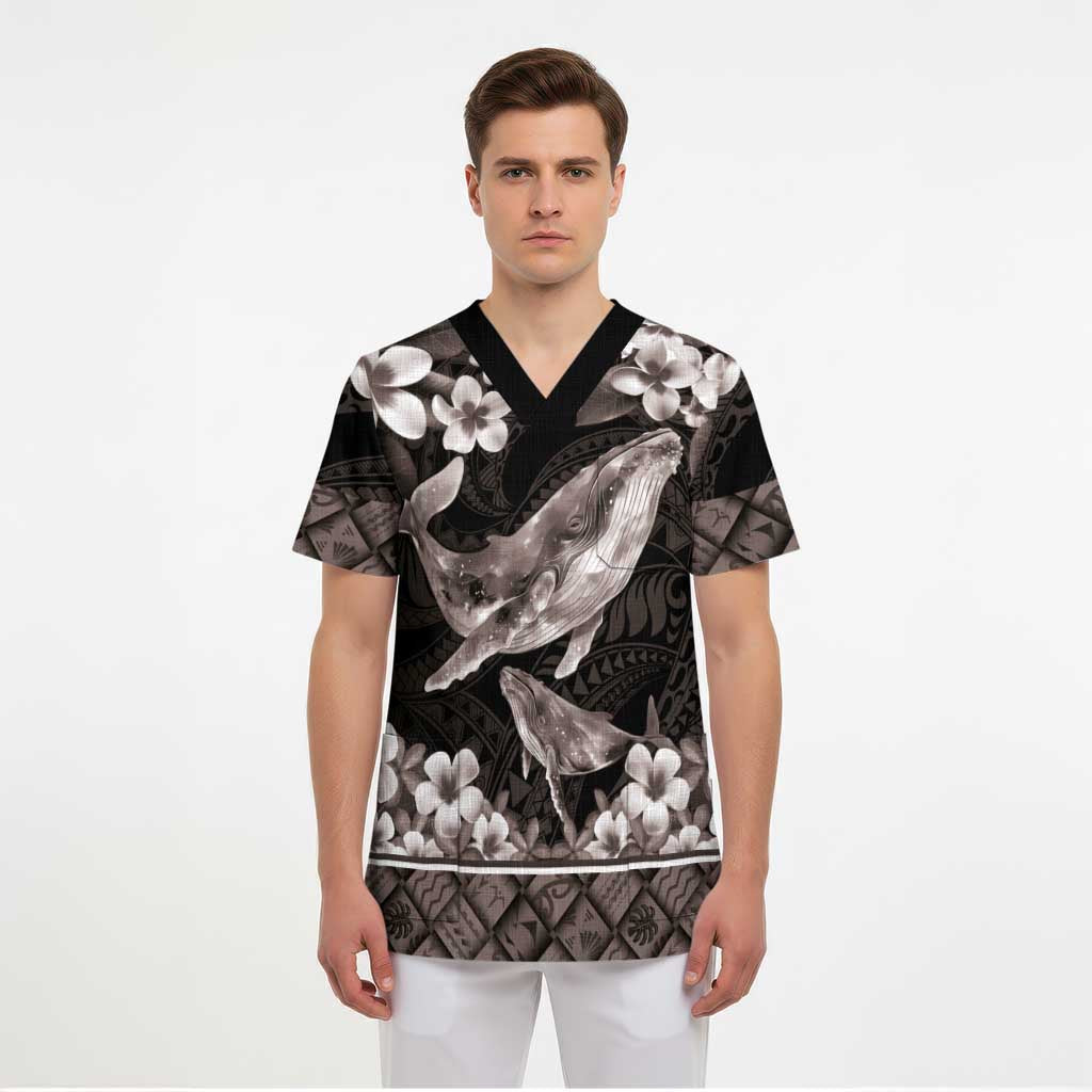 Hawaiian Plumeria and Humpback Whales Scrub Top Polynerian Art Tattoo-Grayscale Mode LT03 - Polynesian Pride