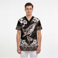 Hawaiian Plumeria and Humpback Whales Scrub Top Polynerian Art Tattoo-Grayscale Mode LT03 - Polynesian Pride