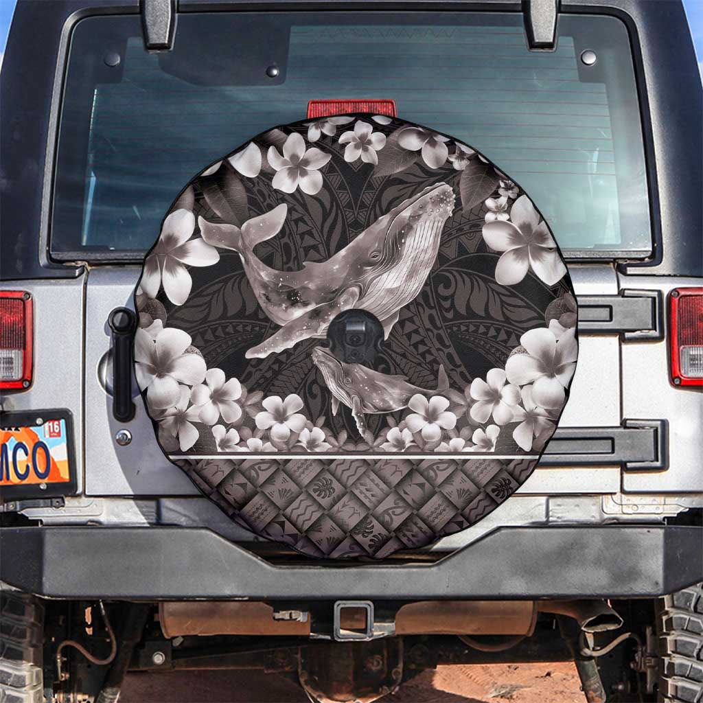 Hawaiian Plumeria and Humpback Whales Spare Tire Cover Polynerian Art Tattoo-Grayscale Mode LT03 Black - Polynesian Pride