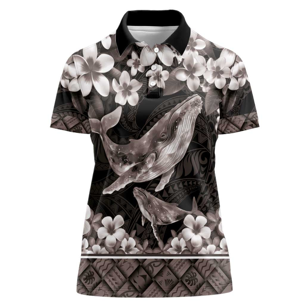 Hawaiian Plumeria and Humpback Whales Women Polo Shirt Polynerian Art Tattoo-Grayscale Mode