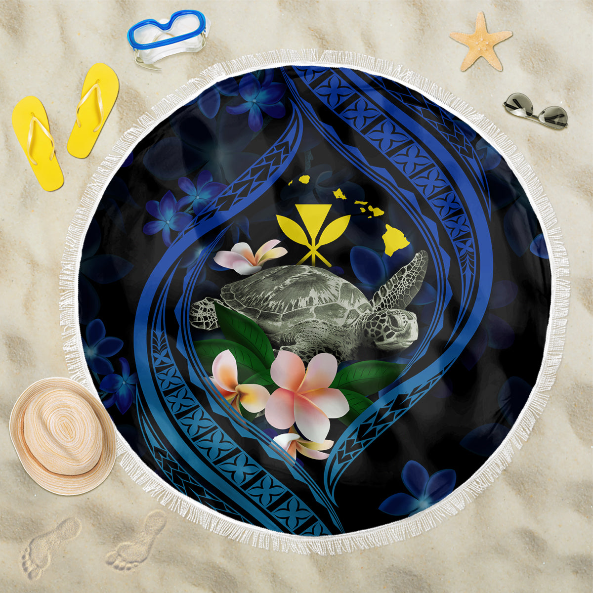 Hawaii Turtle Plumeria Flower Fanciful Beach Blanket LT03 One Size 150cm Black - Polynesian Pride