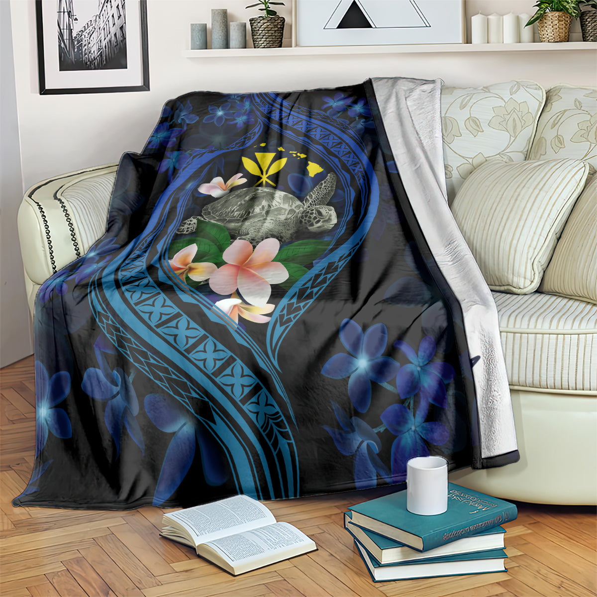Hawaii Turtle Plumeria Flower Fanciful Blanket LT03 Black - Polynesian Pride