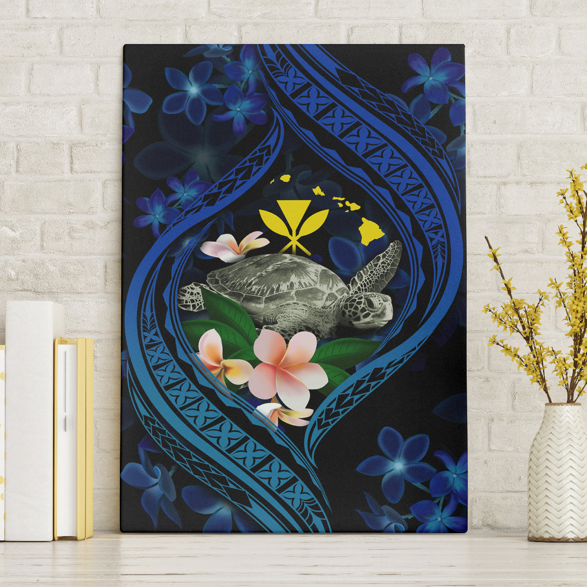 Hawaii Turtle Plumeria Flower Fanciful Canvas Wall Art LT03 Without Frame Black - Polynesian Pride