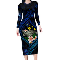 Hawaii Turtle Plumeria Flower Fanciful Long Sleeve Bodycon Dress LT03 Long Dress Black - Polynesian Pride