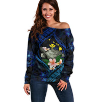 Hawaii Turtle Plumeria Flower Fanciful Off Shoulder Sweater LT03 Women Black - Polynesian Pride