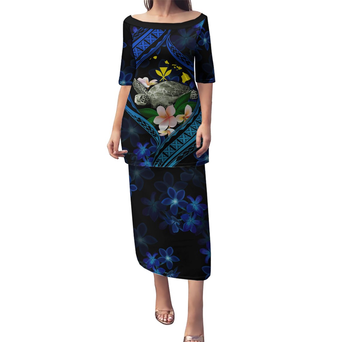 Hawaii Turtle Plumeria Flower Fanciful Puletasi LT03 Long Dress Black - Polynesian Pride