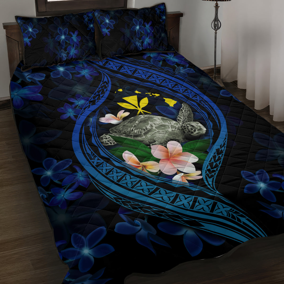Hawaii Turtle Plumeria Flower Fanciful Quilt Bed Set LT03 Black - Polynesian Pride