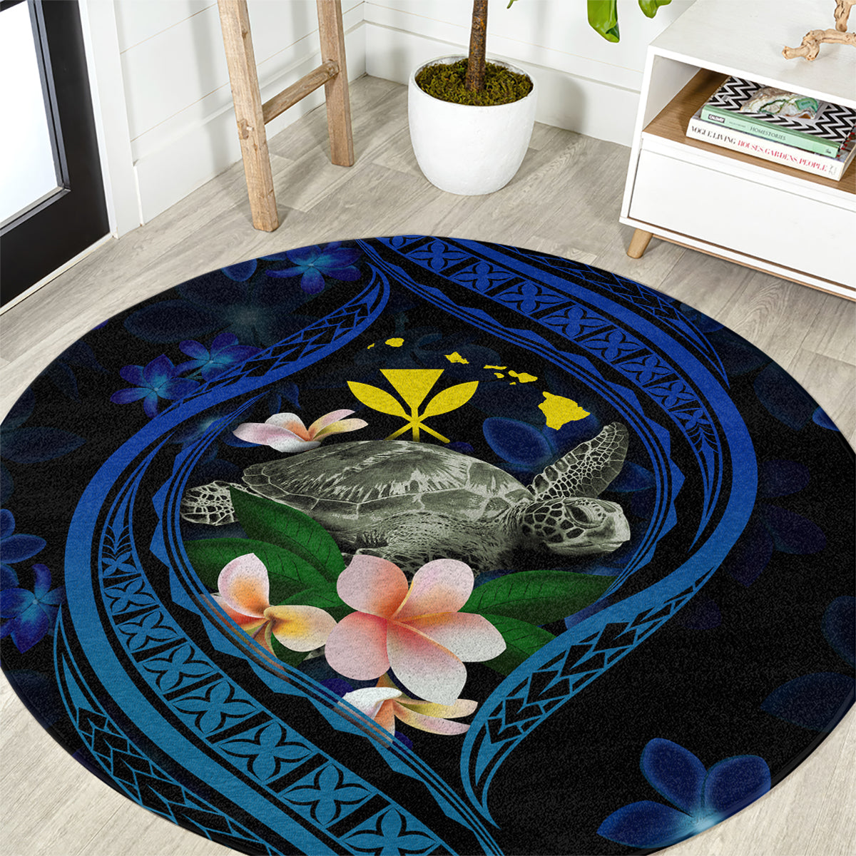 Hawaii Turtle Plumeria Flower Fanciful Round Carpet LT03 Black - Polynesian Pride