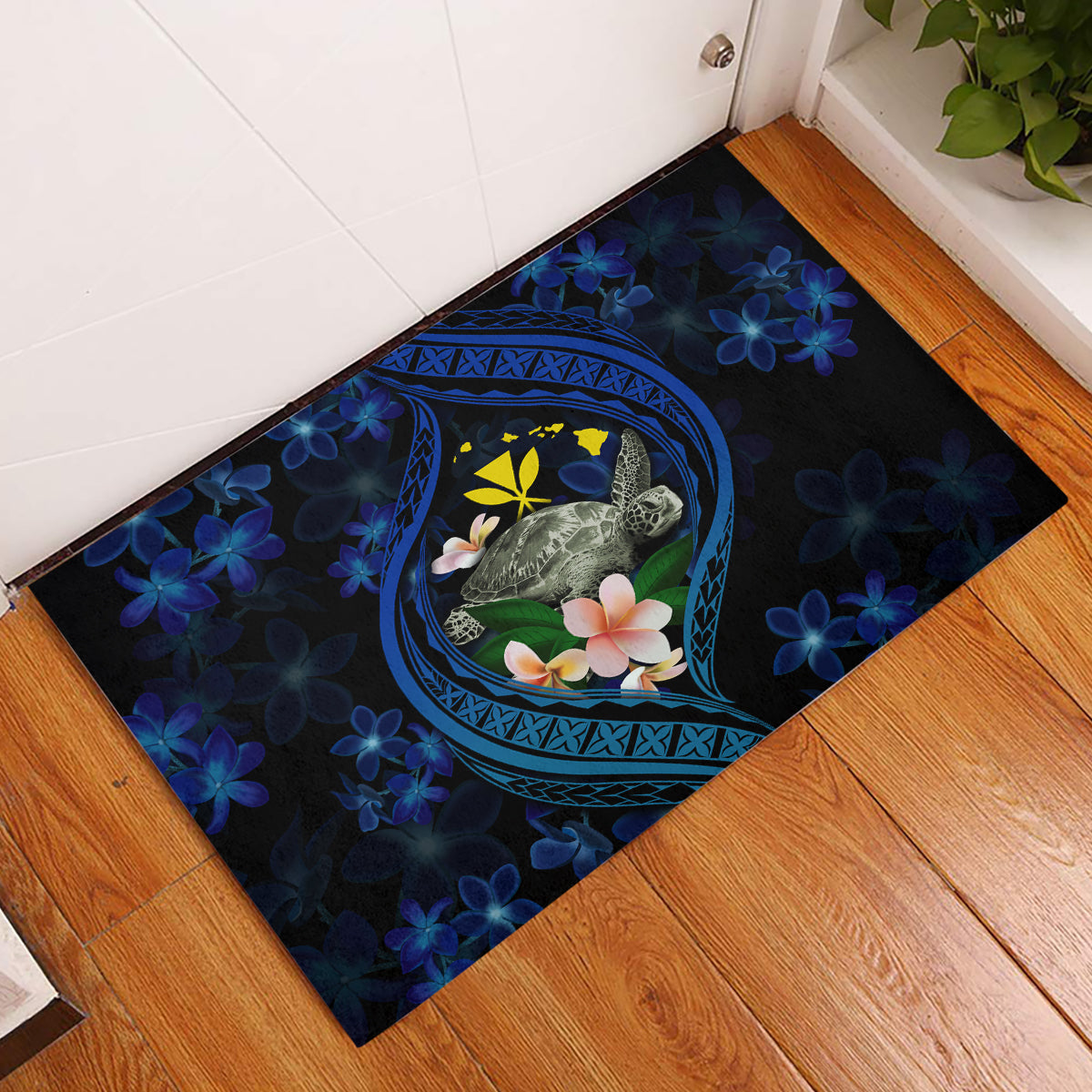 Hawaii Turtle Plumeria Flower Fanciful Rubber Doormat LT03 Black - Polynesian Pride