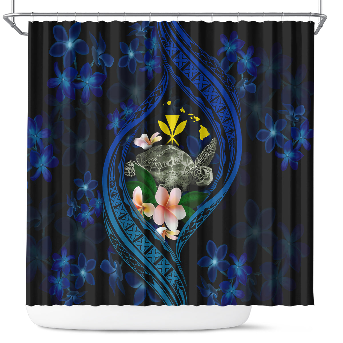 Hawaii Turtle Plumeria Flower Fanciful Shower Curtain LT03 Black - Polynesian Pride