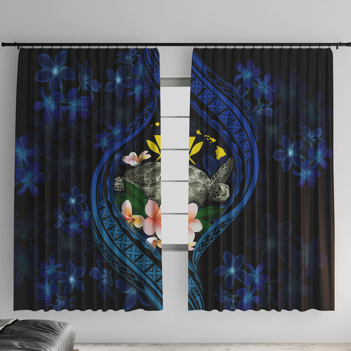 Hawaii Turtle Plumeria Flower Fanciful Window Curtain LT03 With Hooks Black - Polynesian Pride
