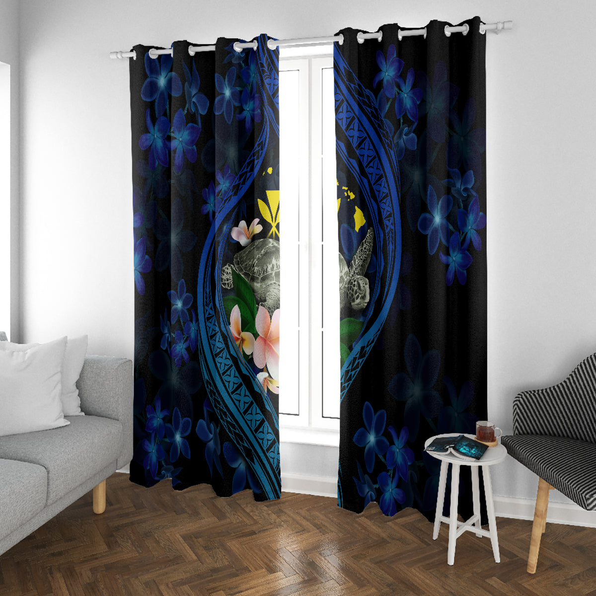Hawaii Turtle Plumeria Flower Fanciful Window Curtain LT03 With Grommets Black - Polynesian Pride