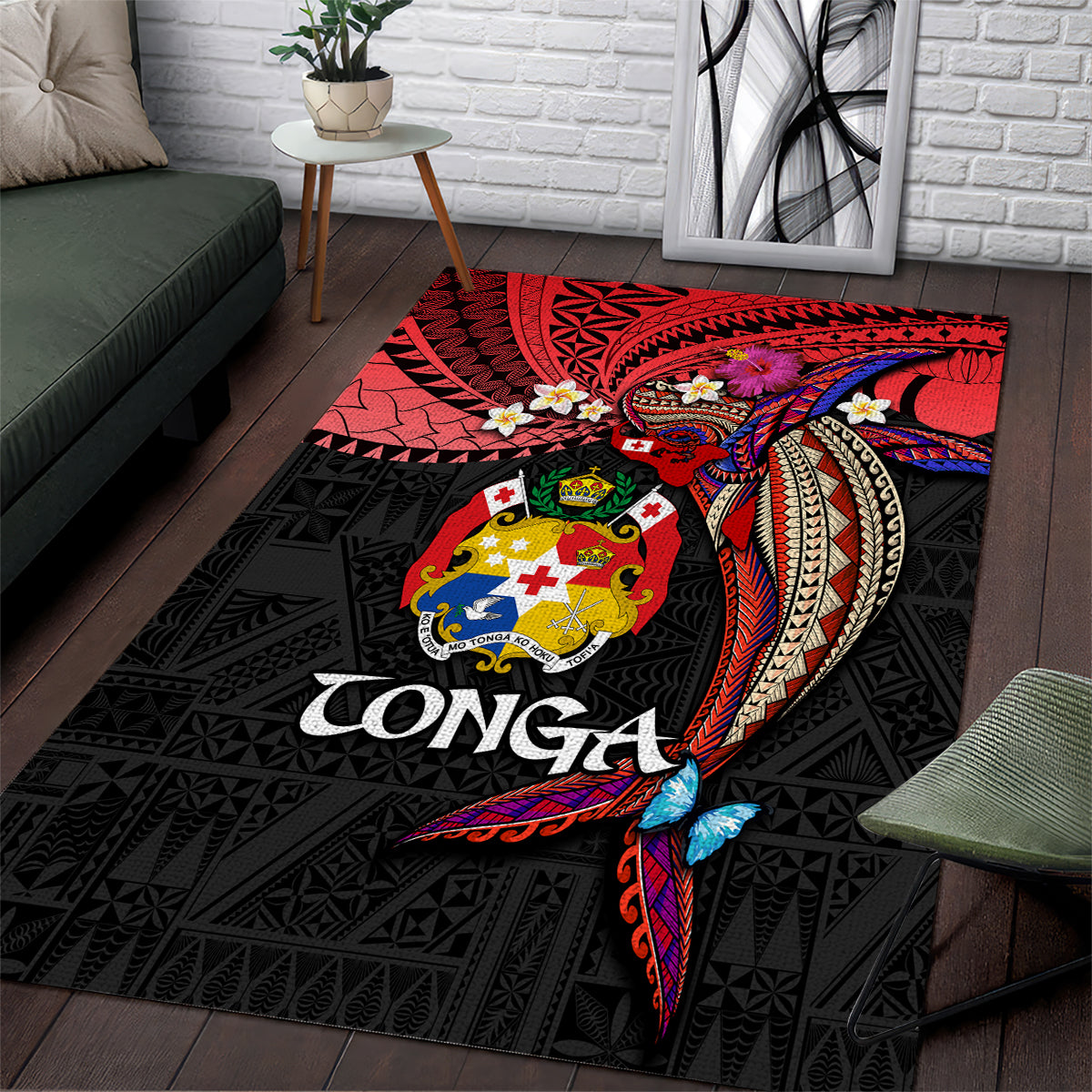Tonga Emancipation Day Area Rug Ngatu Humpback Whale Polynesian Flower LT03 Black - Polynesian Pride