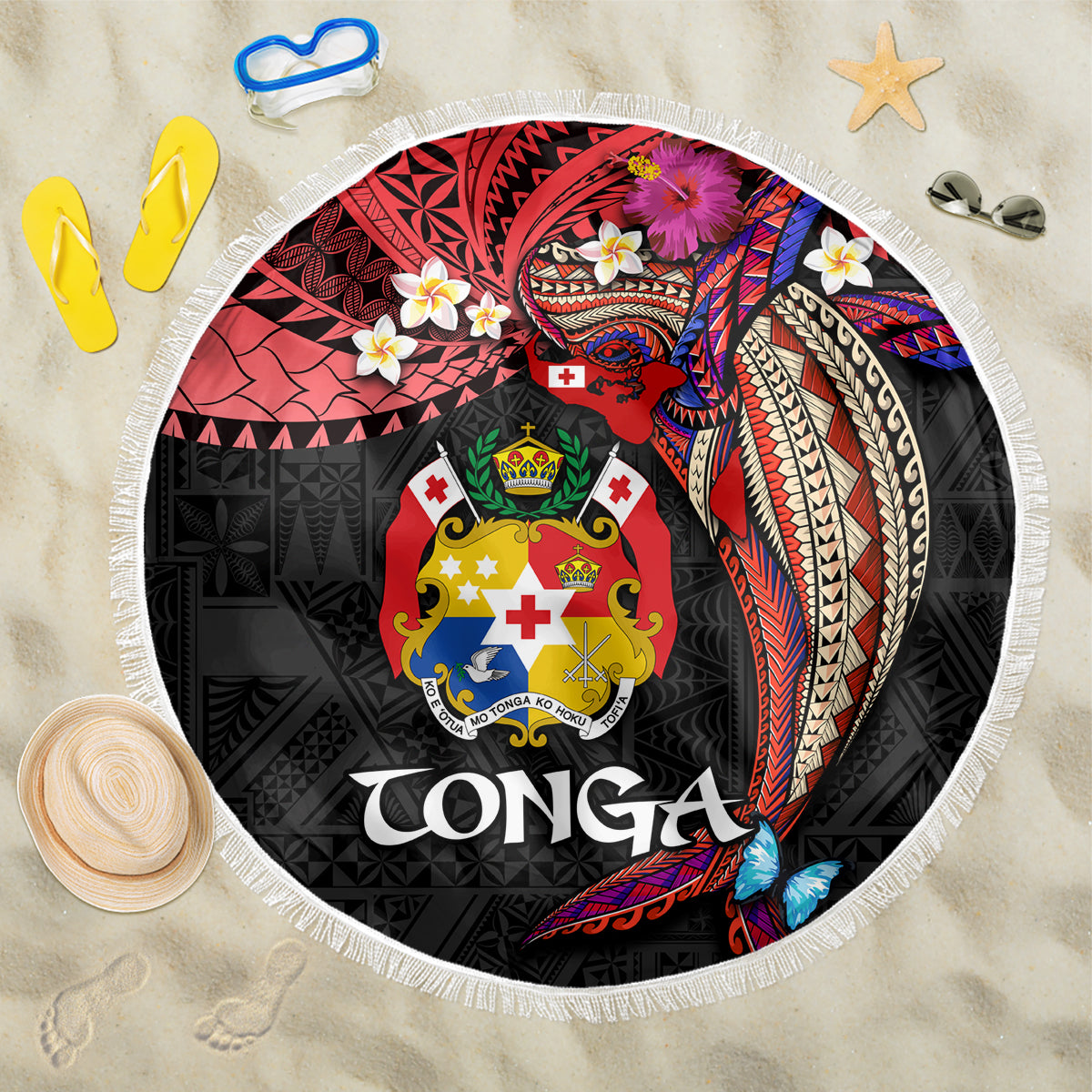 Tonga Emancipation Day Beach Blanket Ngatu Humpback Whale Polynesian Flower LT03 One Size 150cm Black - Polynesian Pride