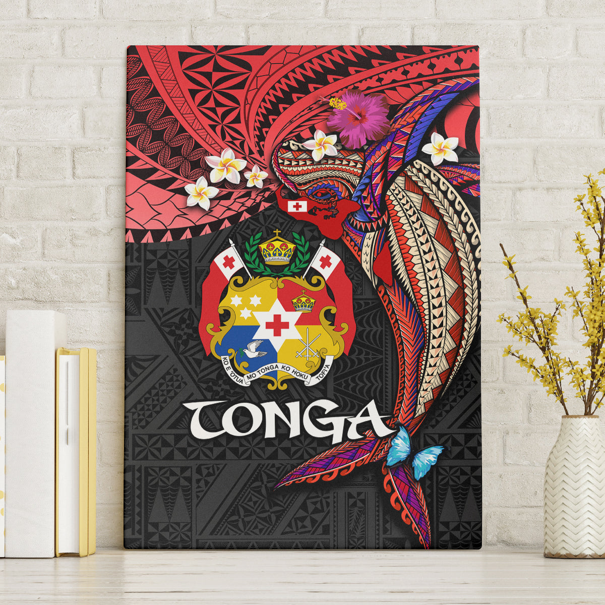Tonga Emancipation Day Canvas Wall Art Ngatu Humpback Whale Polynesian Flower LT03 Without Frame Black - Polynesian Pride