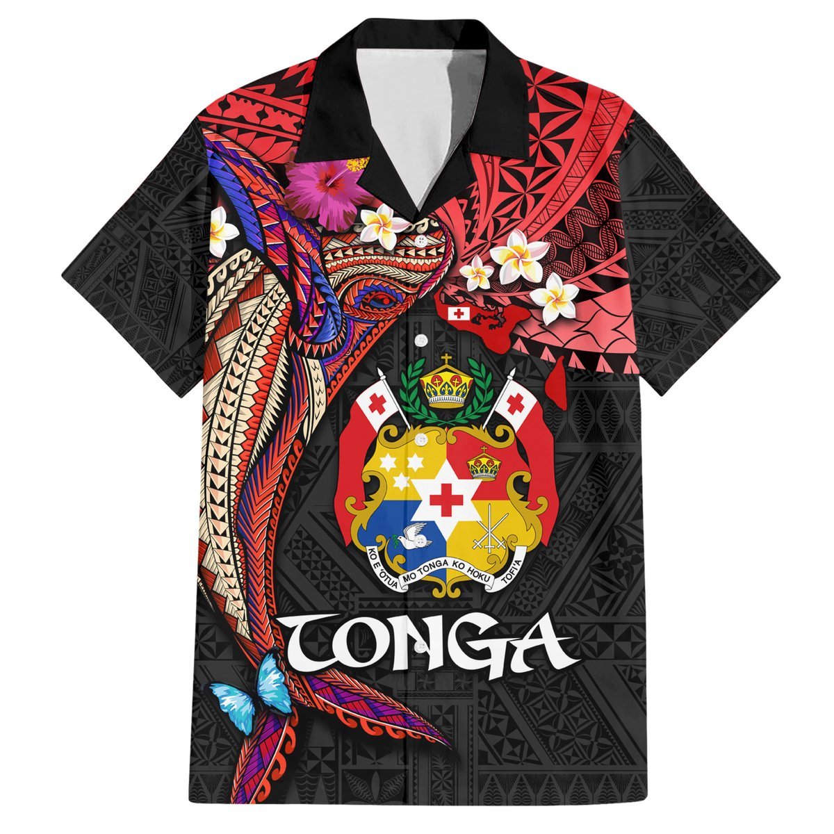 Tonga Emancipation Day Hawaiian Shirt Ngatu Humpback Whale Polynesian Flower LT03 Black - Polynesian Pride