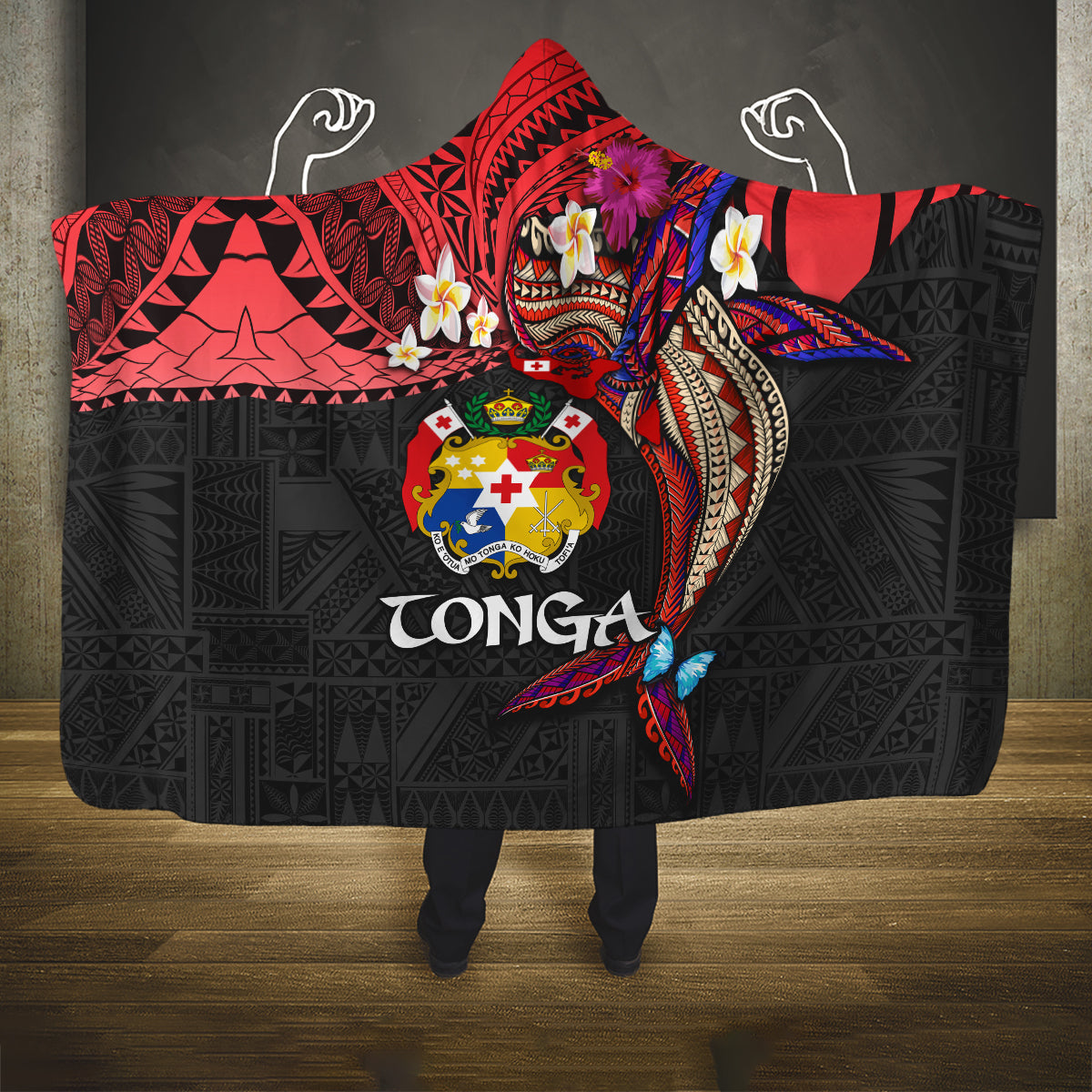 Tonga Emancipation Day Hooded Blanket Ngatu Humpback Whale Polynesian Flower LT03 One Size Black - Polynesian Pride