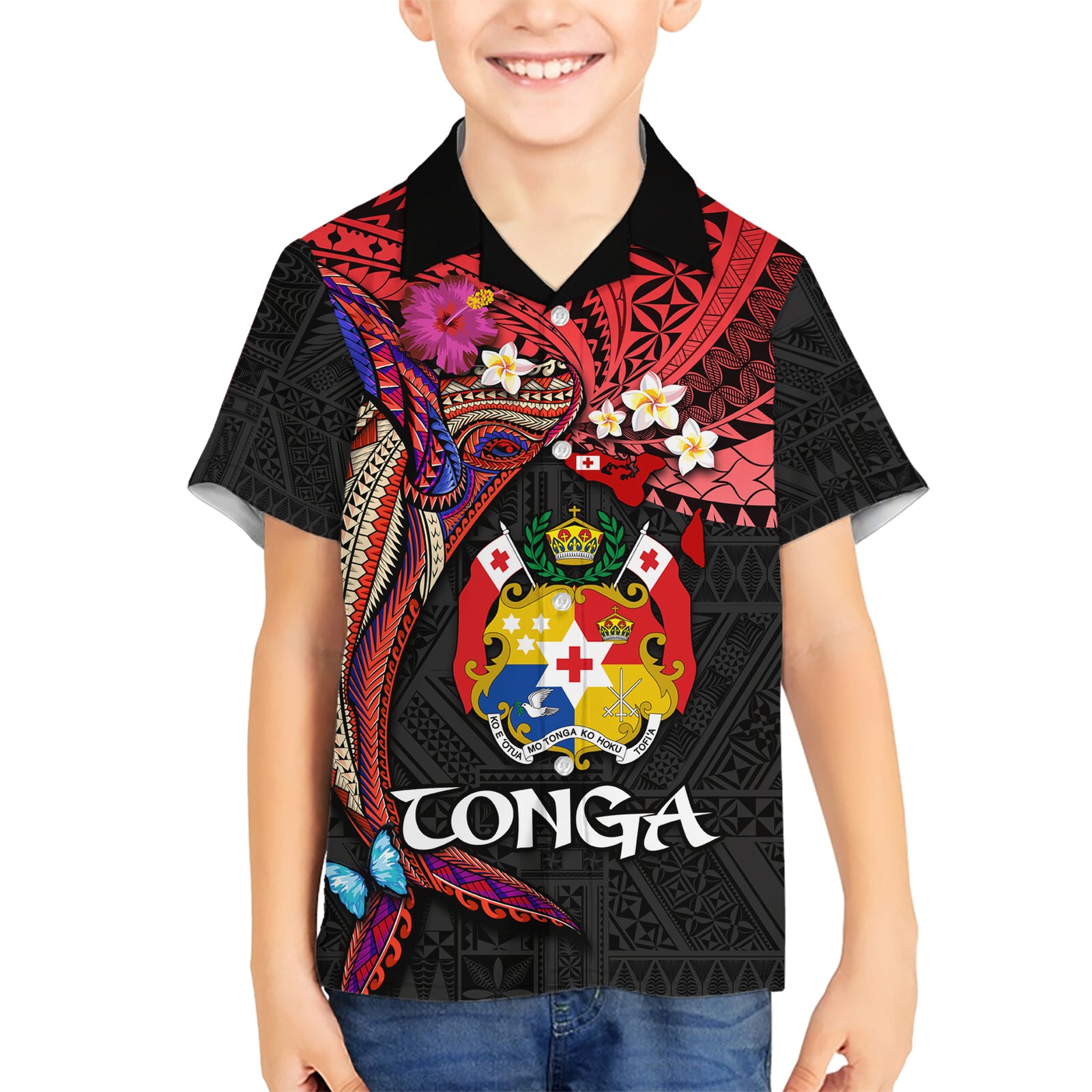 Tonga Emancipation Day Kid Hawaiian Shirt Ngatu Humpback Whale Polynesian Flower LT03 Kid Black - Polynesian Pride