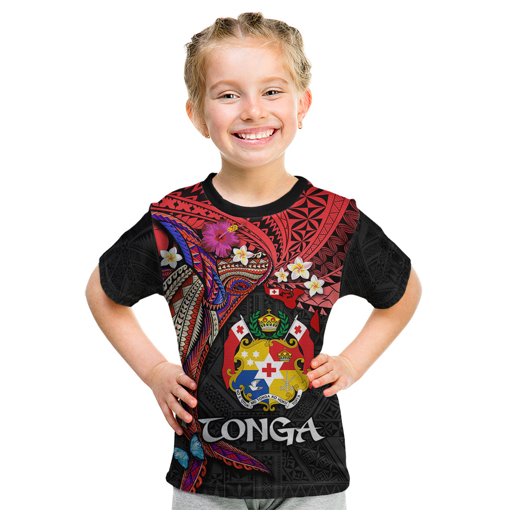Tonga Emancipation Day Kid T Shirt Ngatu Humpback Whale Polynesian Flower LT03 Black - Polynesian Pride
