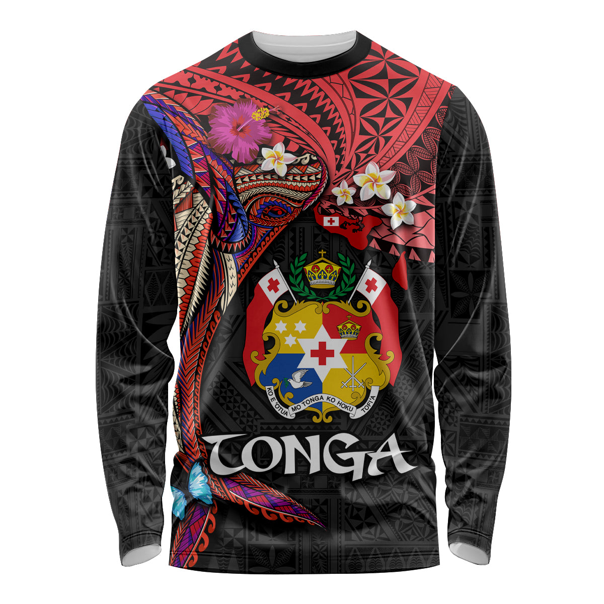 Tonga Emancipation Day Long Sleeve Shirt Ngatu Humpback Whale Polynesian Flower LT03 Unisex Black - Polynesian Pride