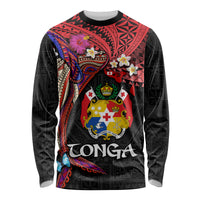 Tonga Emancipation Day Long Sleeve Shirt Ngatu Humpback Whale Polynesian Flower LT03 Unisex Black - Polynesian Pride