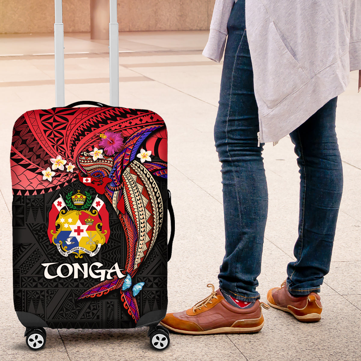 Tonga Emancipation Day Luggage Cover Ngatu Humpback Whale Polynesian Flower LT03 Black - Polynesian Pride
