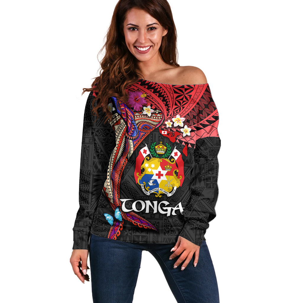 Tonga Emancipation Day Off Shoulder Sweater Ngatu Humpback Whale Polynesian Flower LT03 Women Black - Polynesian Pride