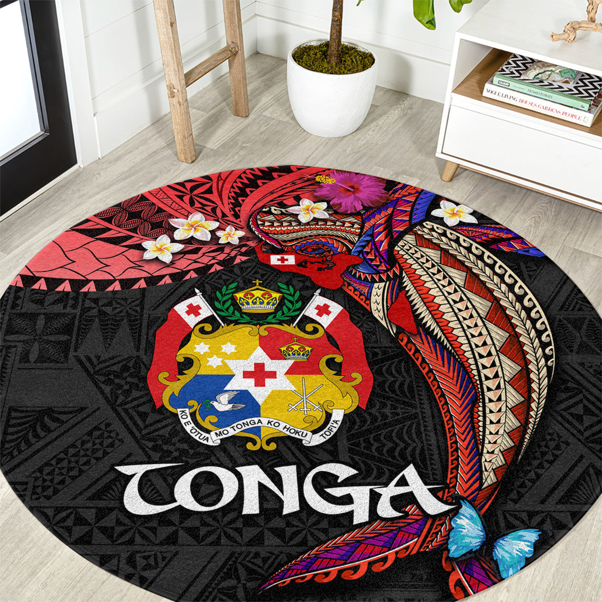 Tonga Emancipation Day Round Carpet Ngatu Humpback Whale Polynesian Flower LT03 Black - Polynesian Pride