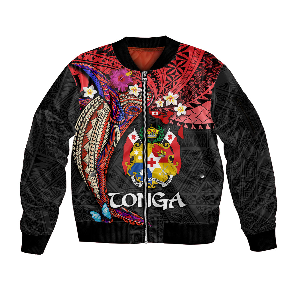 Tonga Emancipation Day Sleeve Zip Bomber Jacket Ngatu Humpback Whale Polynesian Flower LT03 Unisex Black - Polynesian Pride