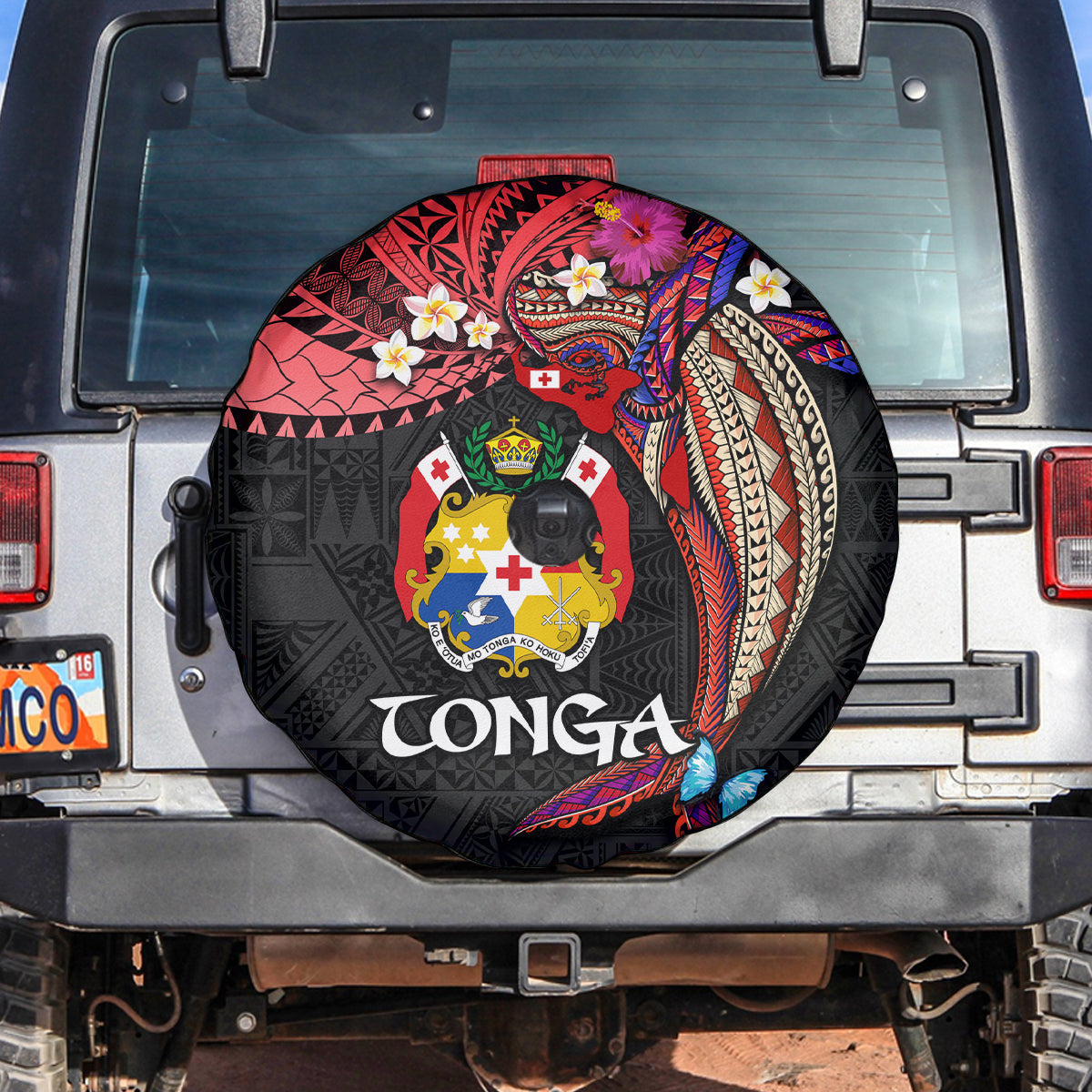 Tonga Emancipation Day Spare Tire Cover Ngatu Humpback Whale Polynesian Flower LT03 Black - Polynesian Pride
