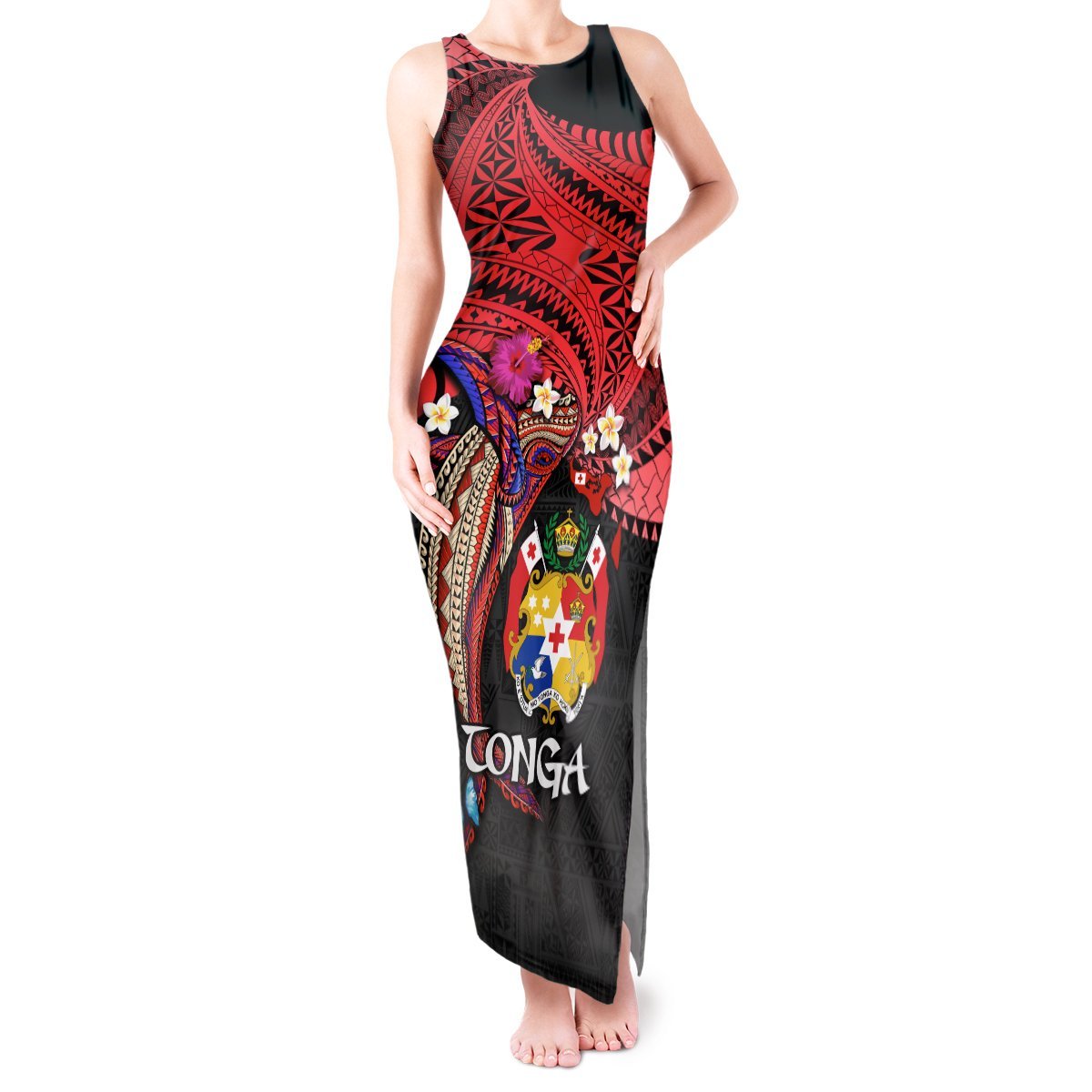 Tonga Emancipation Day Tank Maxi Dress Ngatu Humpback Whale Polynesian Flower LT03 Women Black - Polynesian Pride